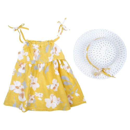 Robe D'ete Une Piece Sans Manches Avec Imprime Floral Et Chapeau De Paille Pour Bebe Fille (Jaune 90)