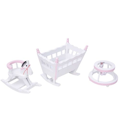 Accessoires pour maison de poupee 1:12, mini meubles, berceau, cheval en bois, poussette, ensemble blanc