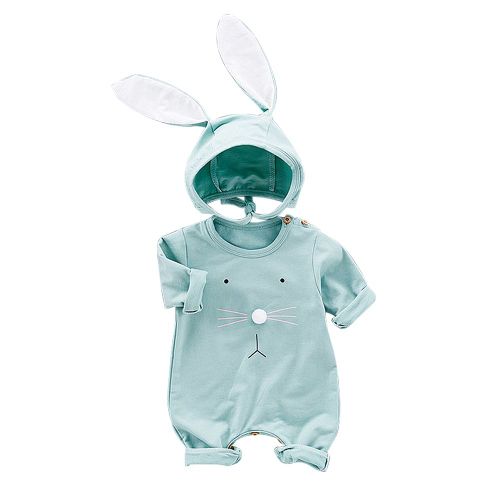 Combinaison A Manches Longues Pour Bebe, Combinaison Amusante, Tenue Une Piece Avec Chapeau Lapin (Vert 66)