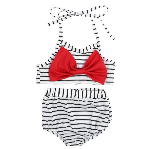 Maillot De Bain 2 Pieces En Pur Coton Pour Bebe Fille, Imprime A Rayures, Bikini Aventure Avec Noud Papillon, Taille 90