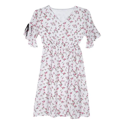 Robe De Maternite Ample A Imprime Floral Et Col En V Pour Femme, Taille Elastique, Printemps-Ete (Blanc, Xl)