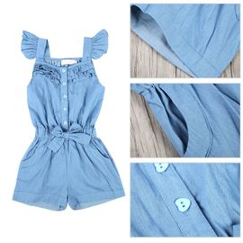 Barboteuse D'ete A Col Rond Et Noud Papillon Pour Bebe Fille, Bleu, 120 Cm