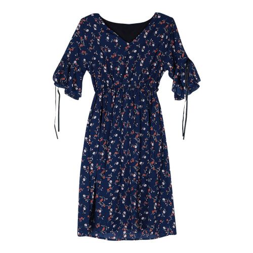 Robe De Maternite Ample A Imprime Floral Et Col En V Pour Femme, Taille Elastique, Printemps-Ete (Bleu Fonce, Taille M)