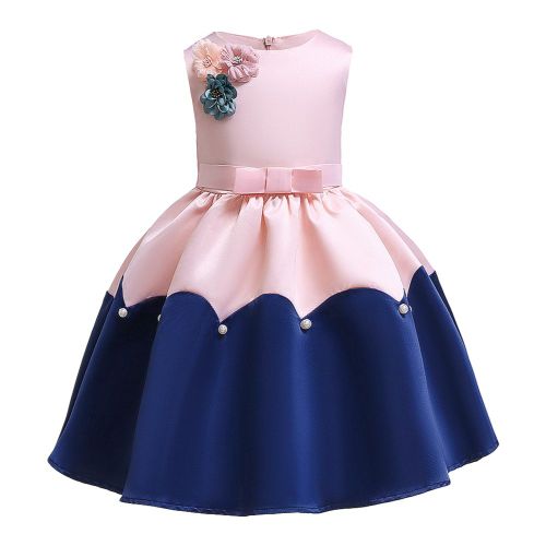 Robe De Princesse Plissee Sans Manches Pour Bebe Fille, Avec Noud Et Fleurs, Jupe Trapeze Pour Enfant (Bleu Fonce, 100)