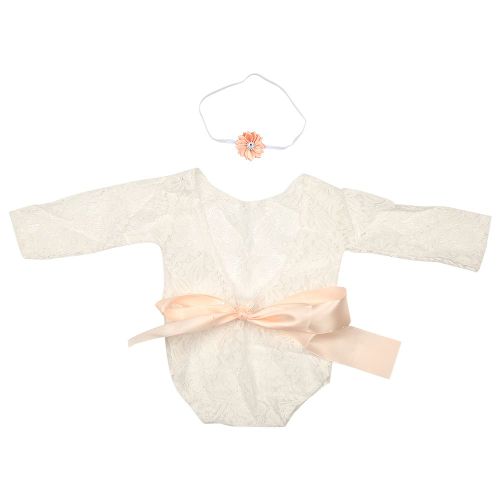 Barboteuse En Dentelle Pour Nouveau-Ne Fille, Accessoire Photo Pour Bebe, Tenue Avec Bandeau (Orange)