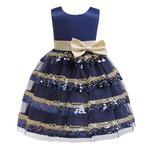 Robe De Princesse Sans Manches Pour Bebe Fille, Avec Paillettes Et Noud Papillon, Tenue De Bal (Paillettes Bleu Fonce, 110)
