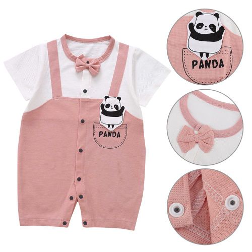Combinaison D'ete Unisexe A Manches Courtes Pour Bebe, Motif Panda Et Noud Papillon (Rose 80)