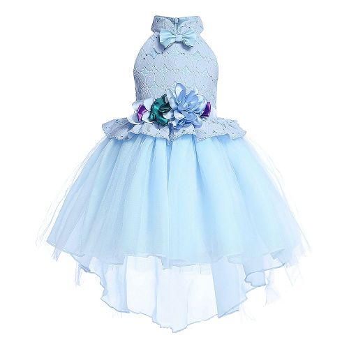 Robe De Princesse Sans Manches Pour Fille, Jupe Extensible En Dentelle Avec Noud Papillon Et Fleurs (Bleu Clair, 120)