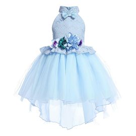 Robe De Princesse Sans Manches Pour Fille, Jupe Extensible En Dentelle Avec Noud Papillon Et Fleurs (Bleu Clair, 120)