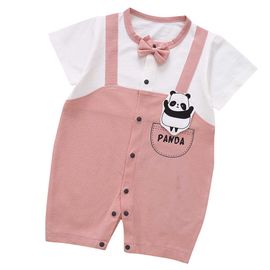 Combinaison D'ete Unisexe A Manches Courtes Pour Bebe, Motif Panda Et Noud Papillon (Rose 73)