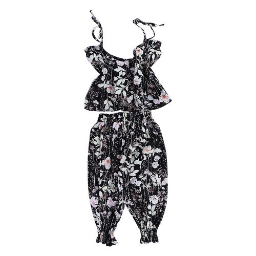 Ensemble Deux Pieces Decontracte D'ete Pour Enfants, Caraco A Bretelles Et Pantalon A Fleurs (Noir 90 Cm)