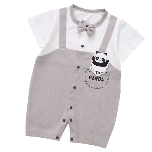 Combinaison D'ete Unisexe A Manches Courtes Pour Bebe, Motif Panda Et Noud Papillon (Gris 73)