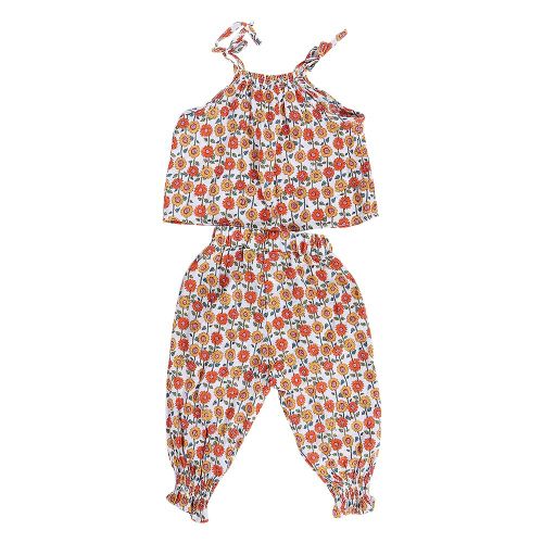 Ensemble Deux Pieces Decontracte D'ete Pour Enfants, Caraco A Bretelles Et Pantalon A Fleurs (Tournesol 90 Cm)