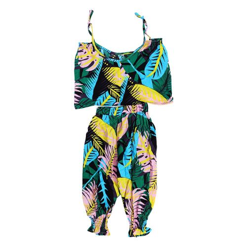Ensemble Deux Pieces Decontracte D'ete Pour Enfants, Caraco A Bretelles Et Pantalon A Fleurs (Vert 90 Cm)