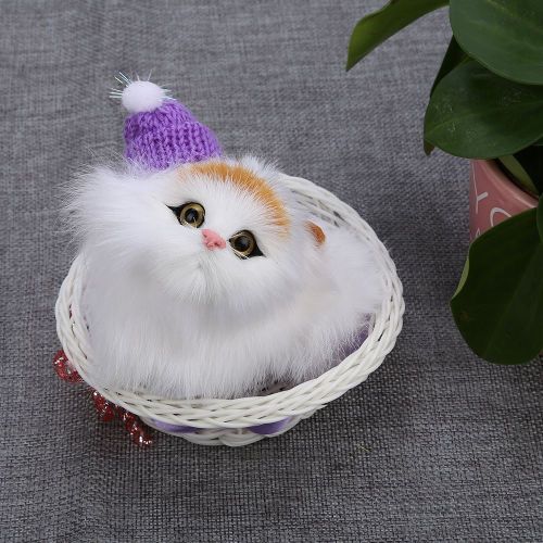 Adorables chats dans un panier en peluche, jouets en peluche, poupee de simulation de chaton avec son, chapeau violet