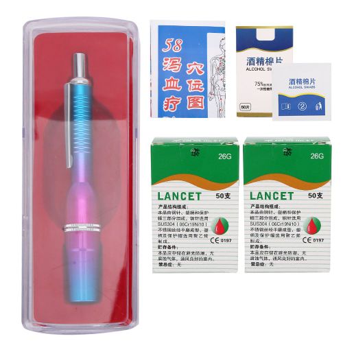 Stylo Lance-Sang A Trois Tetes En Alliage D'aluminium, Appareil De Massage Par Ventouses Pour Analyses Sanguines (Stylo Lance-Sang A Trois Tetes Degrade Violet-Bleu, 100 Aiguilles, Tampon D'alcool, Carte Des Points D'acupuncture (C))