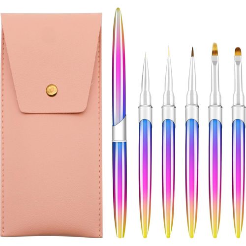 Kal-Pinceau Nail Art Ongles Gel Professionnel Avec Capuchon Et Sac Rose, 5 Pièces Pinceaux Construction Degrader Fin Set Pour Vernis Semi Permanent Ongle Peinture Acrylique 