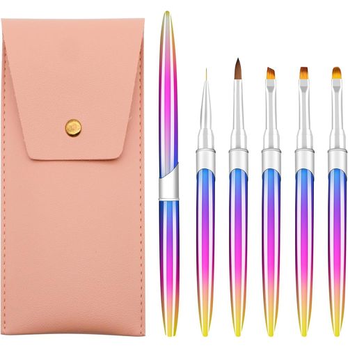 Kal-Pinceau Nail Art Ongles Gel Professionnel Avec Capuchon Et Sac Rose, 5 Pièces Pinceaux Construction Fin Set Pour Vernis Semi Permanent Ongle Peinture Acrylique 