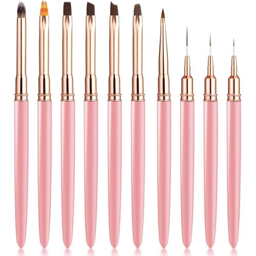 Kal-10 Pièces Set Pinceaux À Ongles Gel Avec Boîtier Rose - Pinceau Liner, Acrylique Et Nail Art Pour Design Pro, Manucure Diy Et Vernis Semi-Permanent 