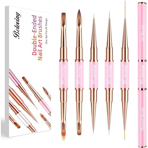 Kal-5 Pinceaux Nail Art Ongles Gel, Pinceau Fin Nail Art Pour Design Ongles, Double Face Pinceau Set Pour Gel Uv Construction, Ombré, Nail Brush Avec Couvercles Protecteurs, Rose 