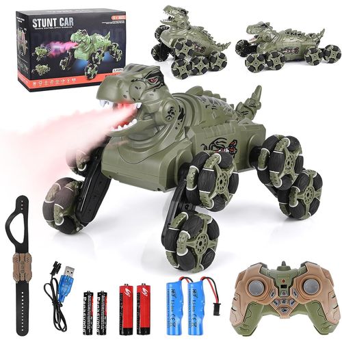 KAL-Voiture Télécommandée Enfant, 8Wd 2,4 Ghz Monster Truck Avec Commande Manuelle, Rc Stunt Auto Avec Lumière Led, Musique Et Sprays, Dinosaur Jouet & Cadeau Pour Enfants 6 7 8 9 10 11 Ans Garçon