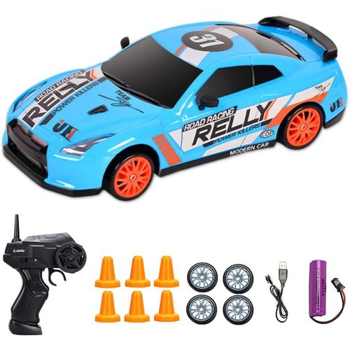 Kal-Voiture Télécommandée Drift, Rc Drift Car 1:24 45 Km/H Avec 2,4 Ghz Télécommandes, Voiture Télécommandée Adulte Avec Phares De Travail Cadeau Pour Adultes Et Enfants(Bleu)