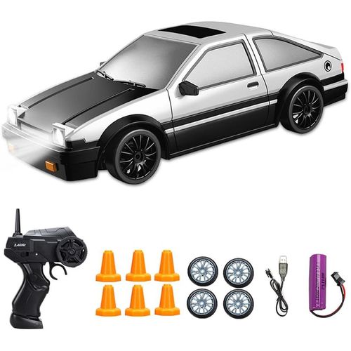 Kal-Voiture Télécommandée Drift, Rc Drift Car 1:24 45 Km/H Avec 2,4 Ghz Télécommandes, Voiture Télécommandée Adulte Avec Phares De Travail Cadeau Pour Adultes Et Enfants(Argent)