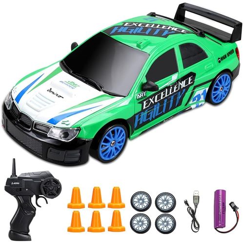 Kal-Voiture Télécommandée Drift, Rc Drift Car 1:24 45 Km/H Avec 2,4 Ghz Télécommandes, Voiture Télécommandée Adulte Avec Phares De Travail Cadeau Pour Adultes Et Enfants(Vert)