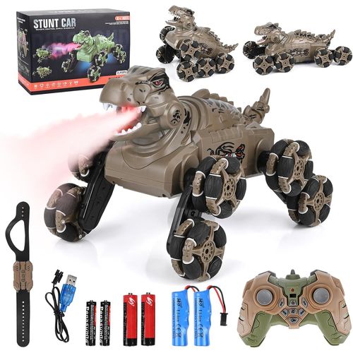 KAL-Voiture Télécommandée Enfant, 8Wd 2,4 Ghz Monster Truck Avec Commande Manuelle, Rc Stunt Auto Avec Lumière Led, Musique Et Sprays, Dinosaur Jouet & Cadeau Pour Enfants 6 7 8 9 10 11 Ans Garçon