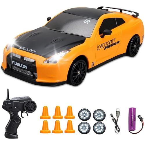 Kal-Voiture Télécommandée Drift, Rc Drift Car 1:24 45 Km/H Avec 2,4 Ghz Télécommandes, Voiture Télécommandée Adulte Avec Phares De Travail Cadeau Pour Adultes Et Enfants(Jaune)