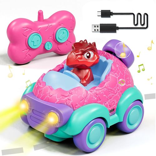 KAL-Voiture Telecommandé Enfant 2 Ans, Jouet Dinosaure Avec Lumières Et Musique, Jouet Enfant 2 3 4 5 6 Ans Garçon (Rose)