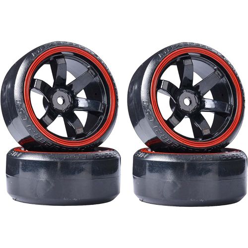 KAL-Lot De 4 Roues Et Pneus De Voiture Rc Drift -63 Mm -Jantes En Plastique Dur Pour Course Sur Route 1/10 -Pièces De Rechange Pour Hsp Tamiya Hpi Kyosho (Noir/Rouge)
