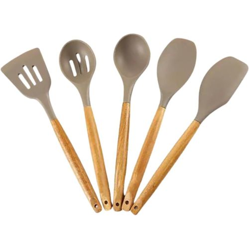 Kal-Set De 5 Spatules Silicone & Bois \U2013 Ustensiles De Cuisine Antiadhésifs, Résistants À La Chaleur, Sans Bpa \U2013 Outils Polyvalents Pour Poêles Et Casseroles \U2013 Couleur Beige