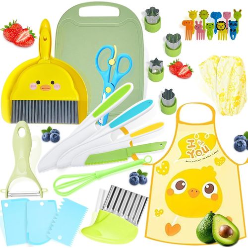 KAL-Kit Couteau De Cuisine Pour Enfants - 31 Pièces Avec Couteau Ondulé Et Planche À Découper - Sécurité Montessori Pour Couper Fruits Ou Légumes