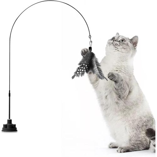 KAL-Bâton En Plumes Pour Chat, Jouet Interactif Avec Cloche, Accessoire Incassable Avec Ventouse Pour Jeux Chatons Qui Lutte Contre L'Ennui