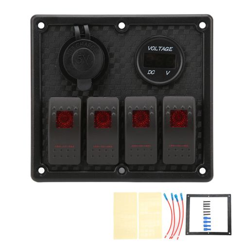 Panneau D'interrupteurs A Bascule 4 Positions 5 Broches Avec Voltmetre 4,8 A, Double Port De Charge Rapide Usb Universel Pour Voiture, Camping-Car, Yacht, Rouge