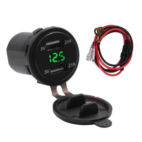 Chargeur De Voiture Double Port Usb 5 V/1 A 5 V/2,1 A, Affichage De La Tension, Voltmetre Numerique, Etanche Ip66, Vert, Dc12-24 V