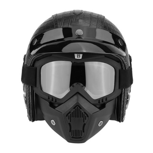 Casque De Moto Universel En Cuir Pu, Demi-Casque Ouvert Et Lunettes De Protection, Motif Crocodile Noir, Taille M
