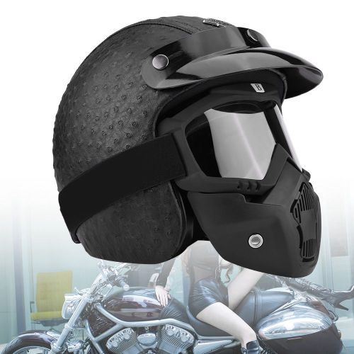 Casque De Moto Universel En Cuir Pu A Visage Ouvert Et Lunettes De Protection, Noir Autruche, Taille M