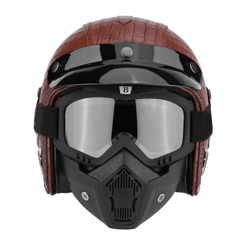 Casque De Moto Universel En Cuir Pu, Demi-Casque Ouvert Et Lunettes, Motif Crocodile Marron, Taille M
