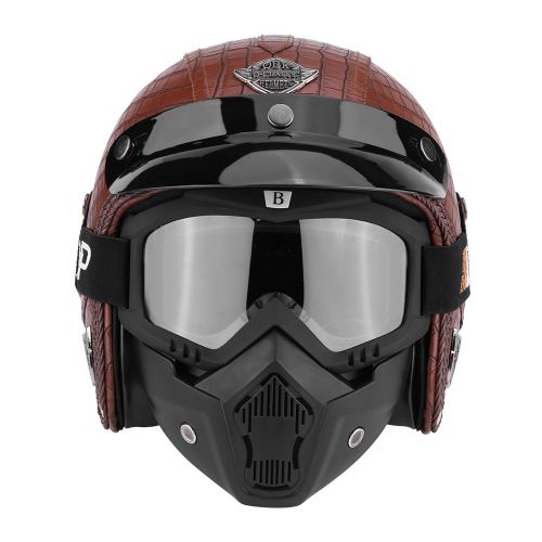 Casque De Moto Universel En Cuir Pu, Demi-Casque Ouvert Et Lunettes, Motif Crocodile Marron, Taille L