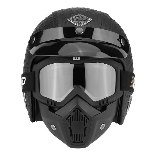Casque De Moto Universel En Cuir Pu, Demi-Casque Ouvert Et Lunettes De Protection, Noir Autruche, Taille L