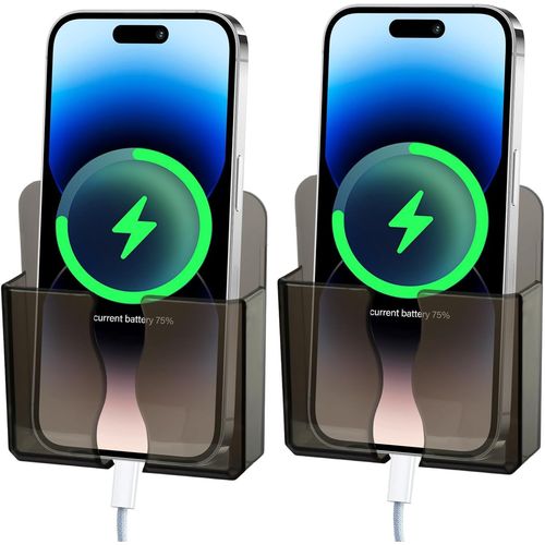 ERYI-Lot De 2 Supports Muraux Pour Téléphone Portable Avec Colle Et Fente Pour Câble - Support Mural Pour Le Chargement (Noir Transparent)