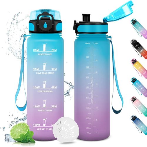 Eryi-Gourde Enfant 1l, Gourde Sport, Étanche Et Réutilisable, Bouteille D'eau Sans Bpa, Avec Marqueur De Temps, Gourdes Pour Enfant, Adulte, Camping, Fitness, Yoga, Bureau, Gym, Cyclisme, Camping