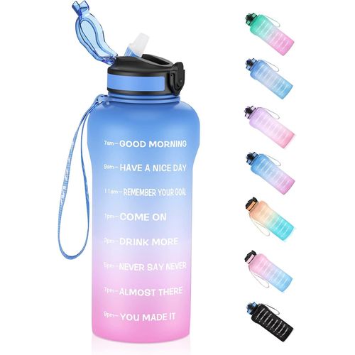 Eryi-Gourde De Sport 2 Litres Avec Paille [Sans Bpa Tritan], 2000 Ml Gourde De Sport Avec Marqueurs De Temps, Bouteille D'eau À Preuve De Fuite Pour Salle De Sport, Yoga, Pique-Nique Bleu Rose