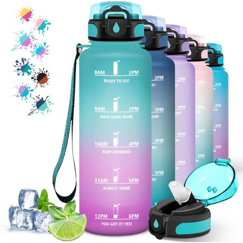 Eryi-Gourde- 1,5l- Gourde Sport Anti-Fuite, Gourde Paille Pour Musculation, Gourde Graduée Avec Marqueur De Temps, Gourde Femme Pour Adulte, Facile À Nettoyer, Pour Yoga, Randonnée, Camping, Vert-Ros