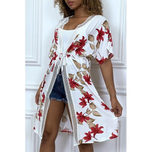 Kimono Mi-Long Blanc Ceinturé Avec Imprimés Floraux Et Dentelle