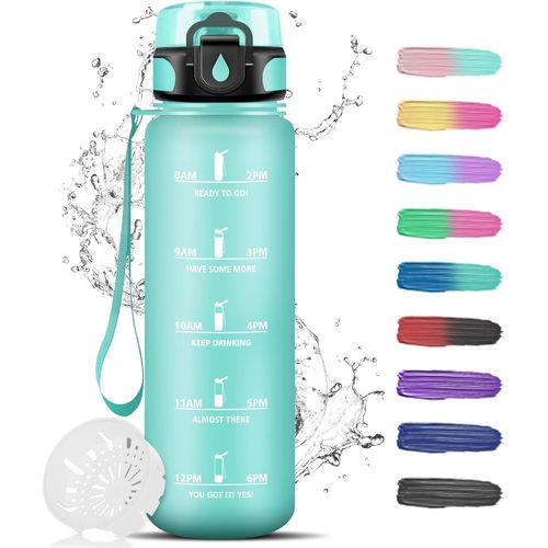 Eryi-Gourde, Gourde 1l, Anti-Fuite, Gourde Sport, Facile À Nettoyer, Gourde Graduée Pour 1 Journee, Gourde Plastique Avec Marqueur De Temps, Bouteille D'eau Pour Running, Extérieur, Camping, Bleu-Ver