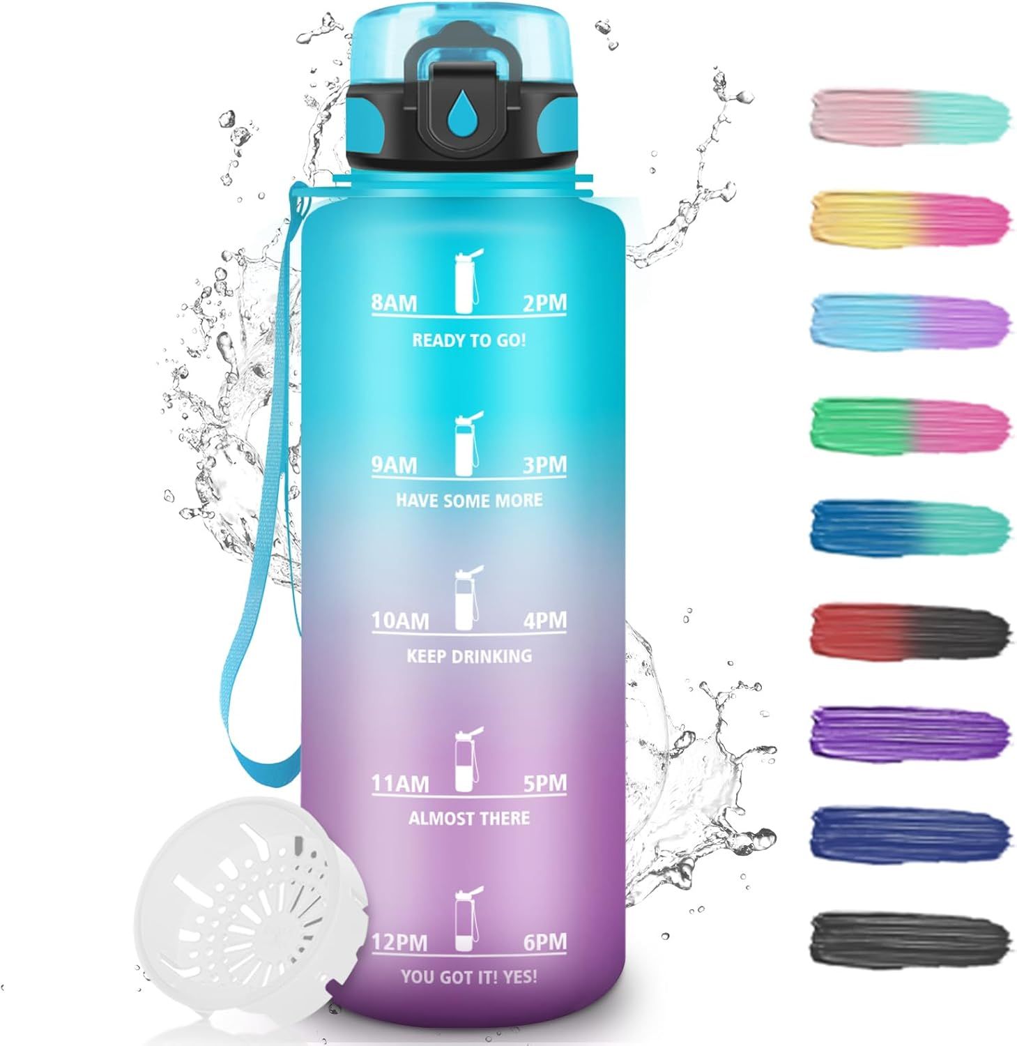 Eryi-Bouteille D'eau 1,5l, Gourde Sport Avec Filtre, Gourde Motivation Avec Marqueur De Temps, Gourde Graduée Pour 1 Journee, Facile À Nettoyer, Gourde Plastique Pour Running, Extérieur, Sport, Campi