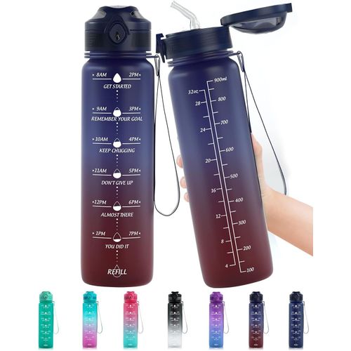 Eryi-Gourde 1l Sport, Bouteille D'eau Avec Paille Et Marqueur De Temps, Tritan Plastique Sans Bpa, Gourde Reutilisable Pour Enfant, Adulte, Camping, Running, Randonnée